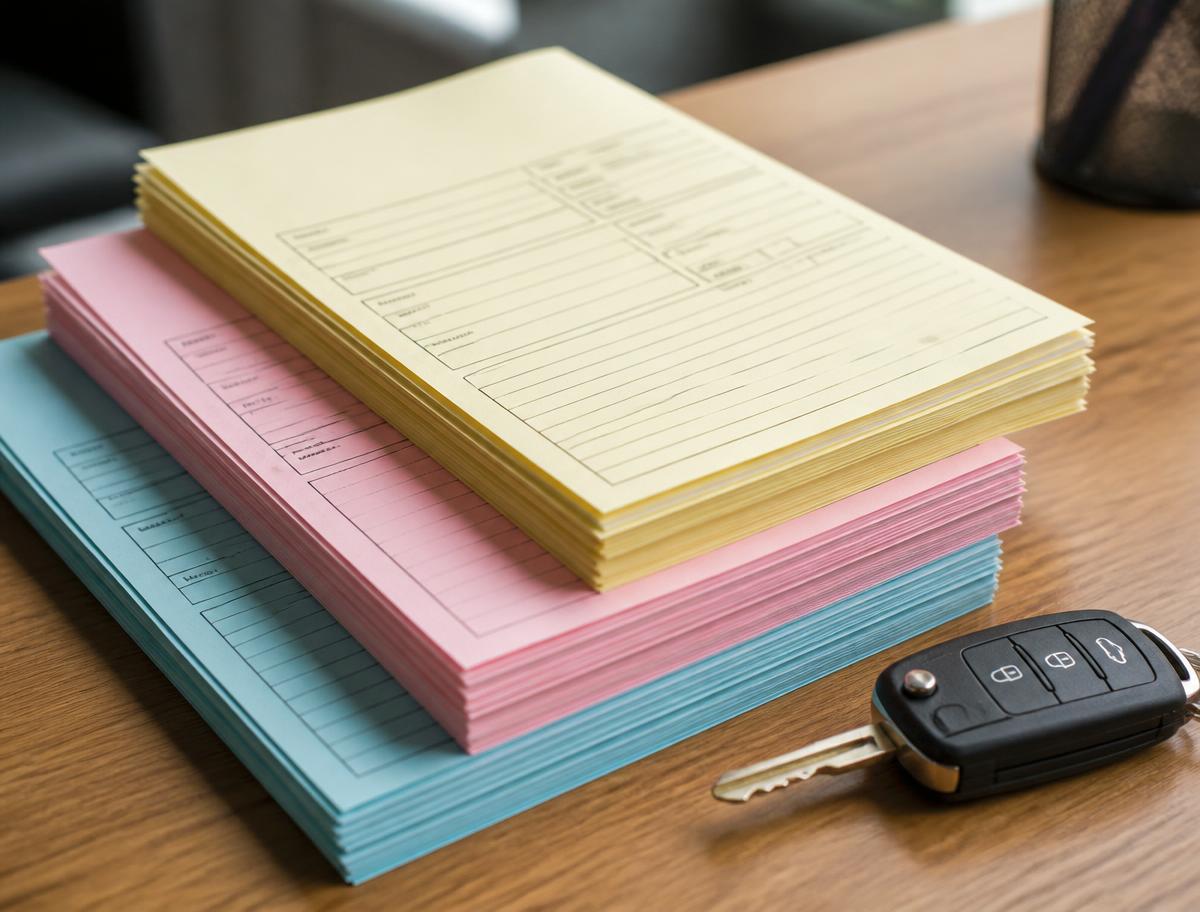 Stacked vehicle admin forms and a car key on a desk